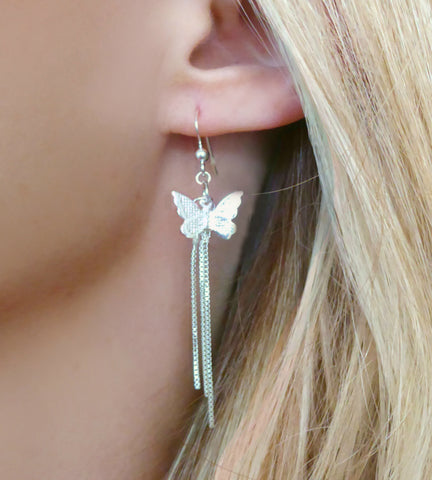 Sterling Silver Butterfly Earrings With Chain Dangle
