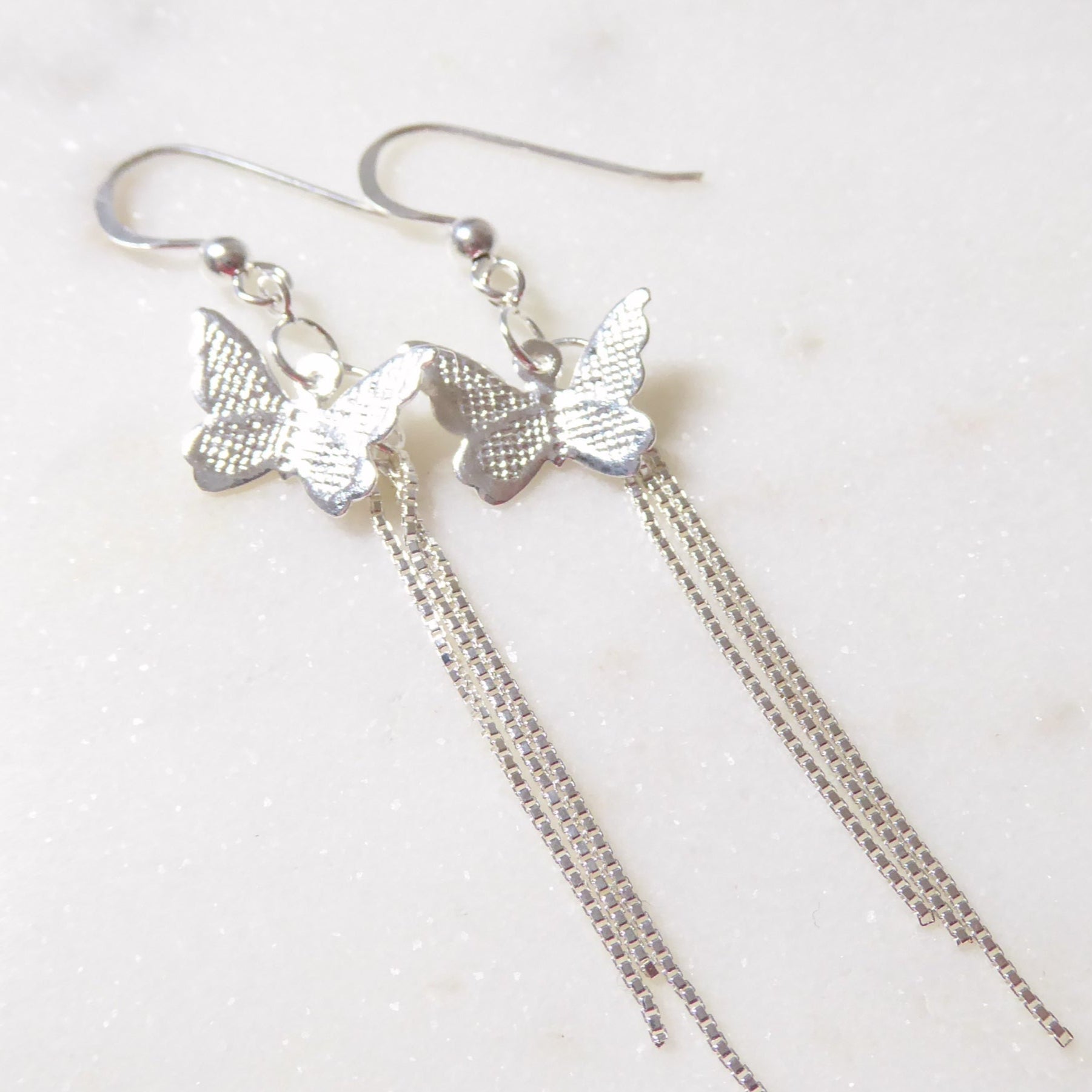 Long Sterling Silver Butterfly Earrings With Chain Dangle