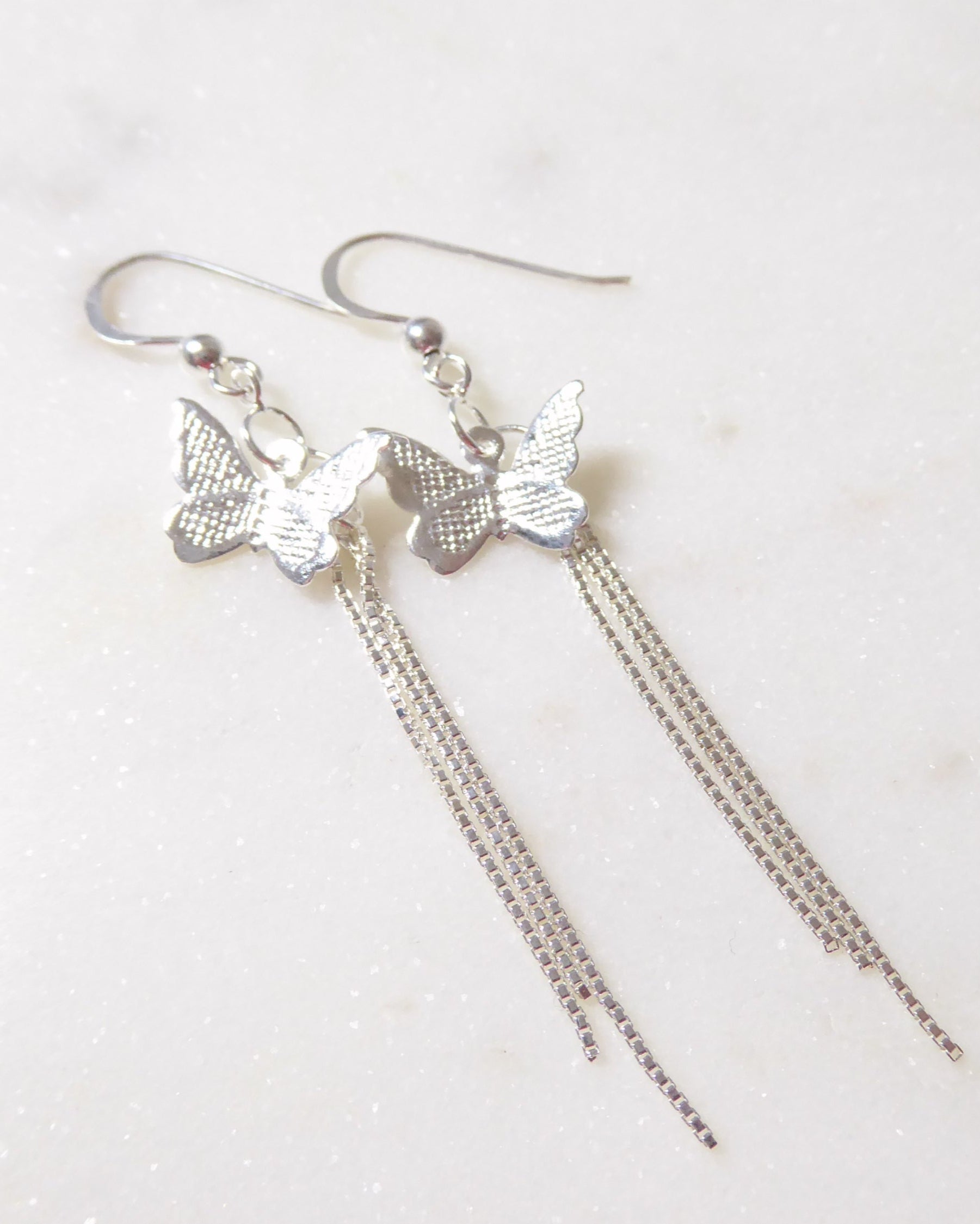 Long Sterling Silver Butterfly Earrings With Chain Dangle