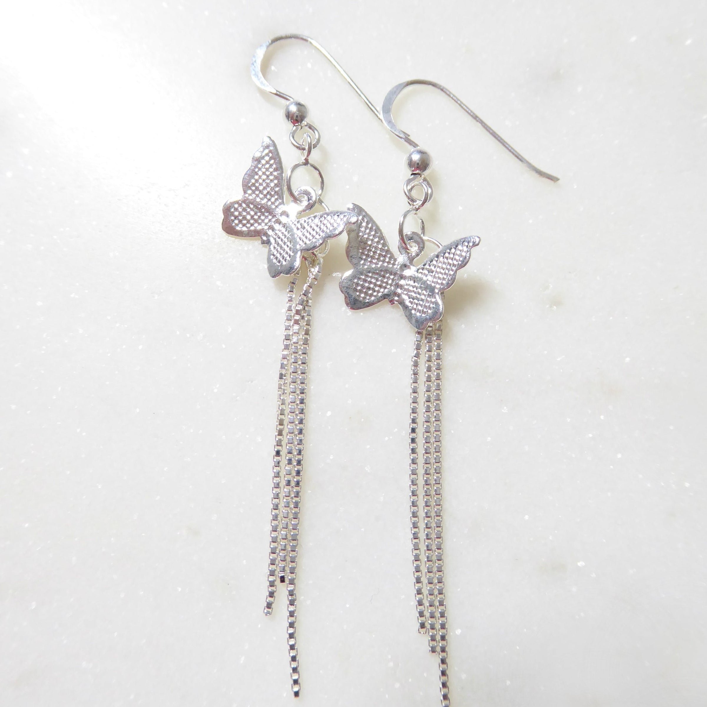 Long Sterling Silver Butterfly Earrings With Chain Dangle