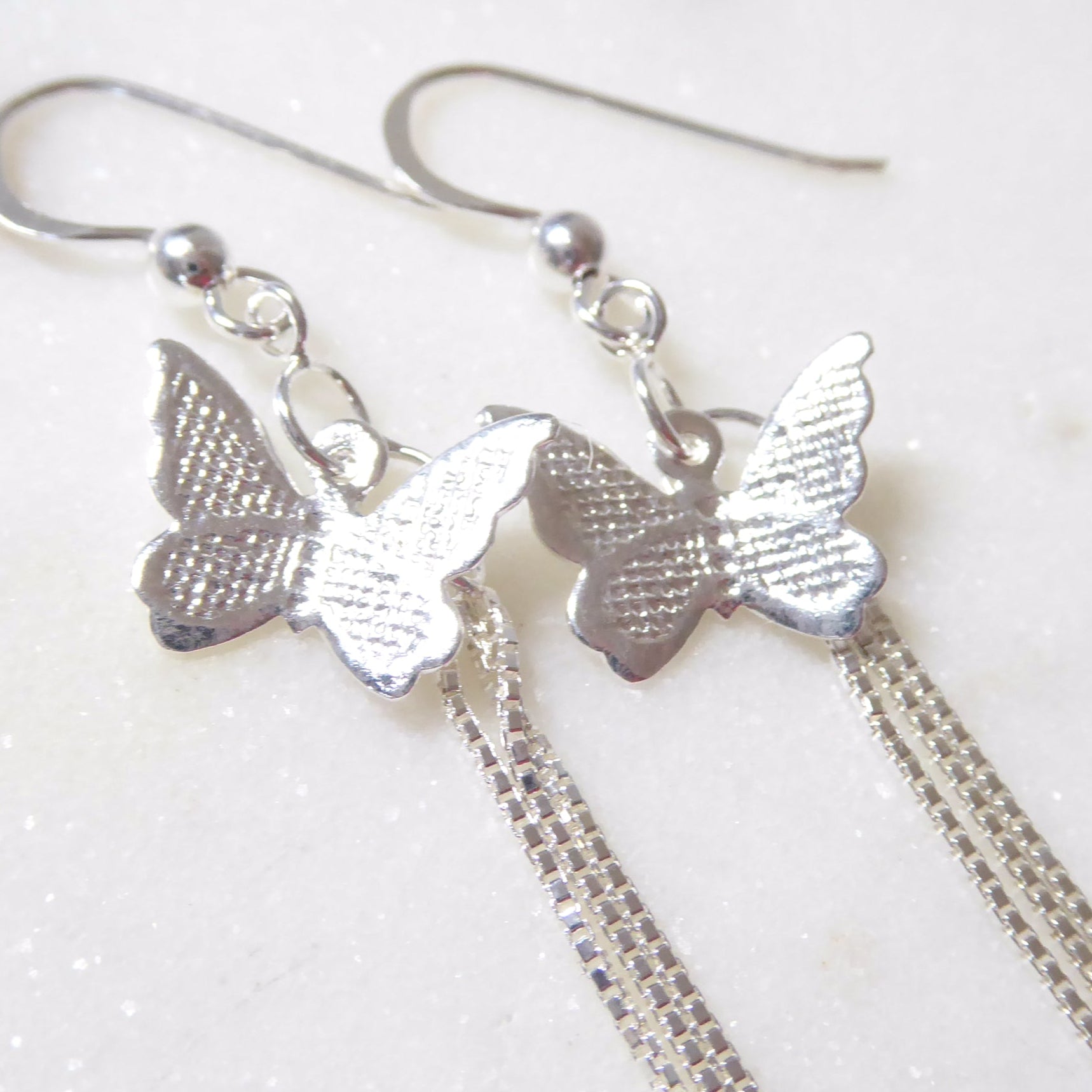 Long Sterling Silver Butterfly Earrings With Chain Dangle
