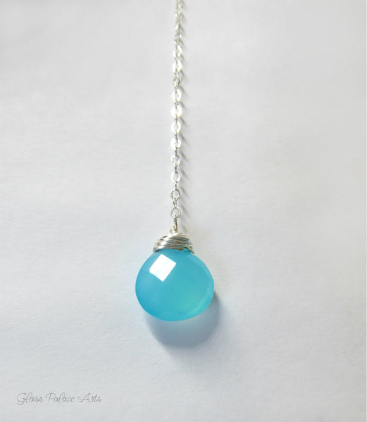 Aqua Chalcedony Gemstone Y Lariat Necklace - Sterling Silver, Gold, Rose Gold