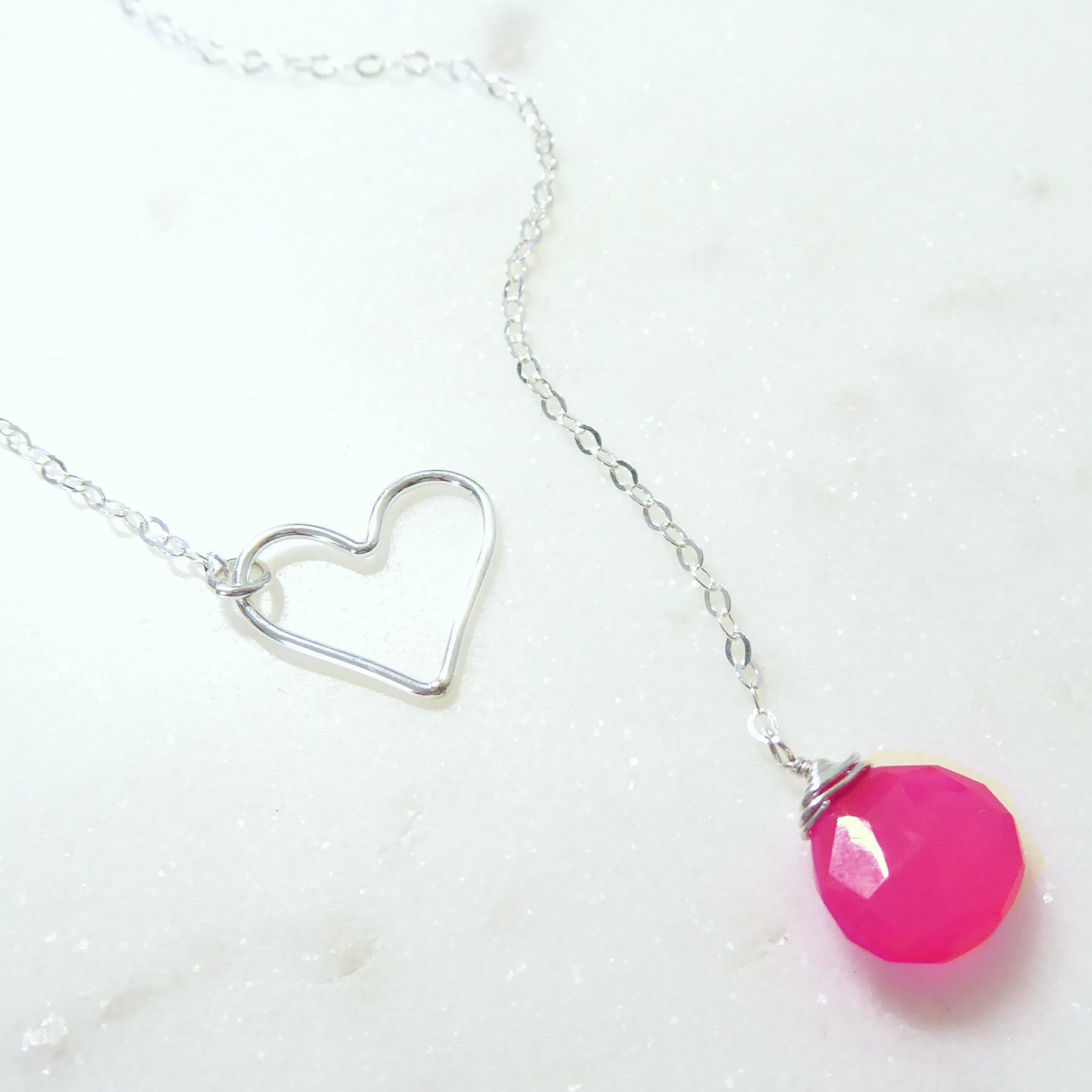 Heart Lariat Necklace With Hot Pink Chalcedony Gemstone - Clasp less Necklace