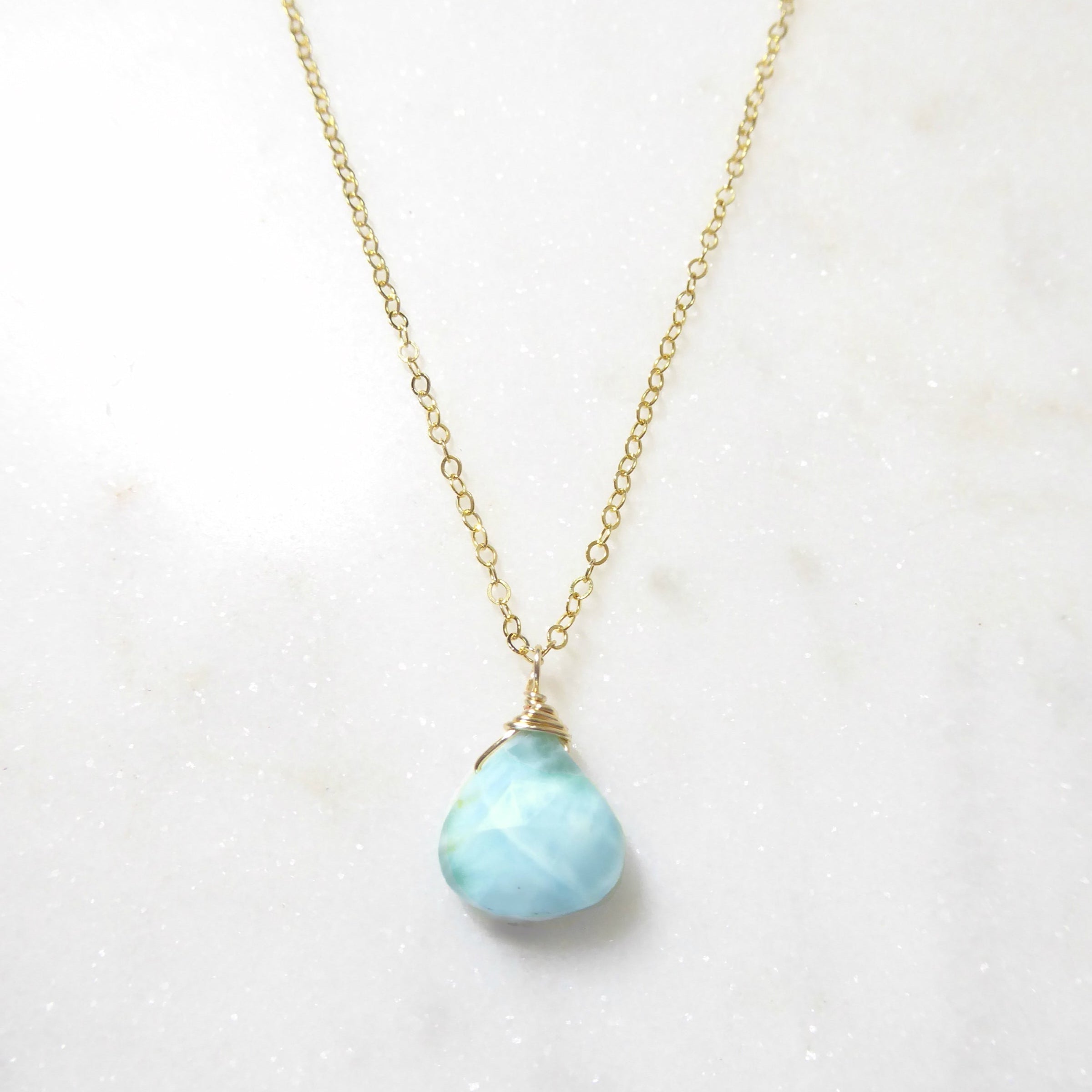 Larimar Necklace With Teardrop Pendant - 925 Sterling Silver, or 14k Gold Fill