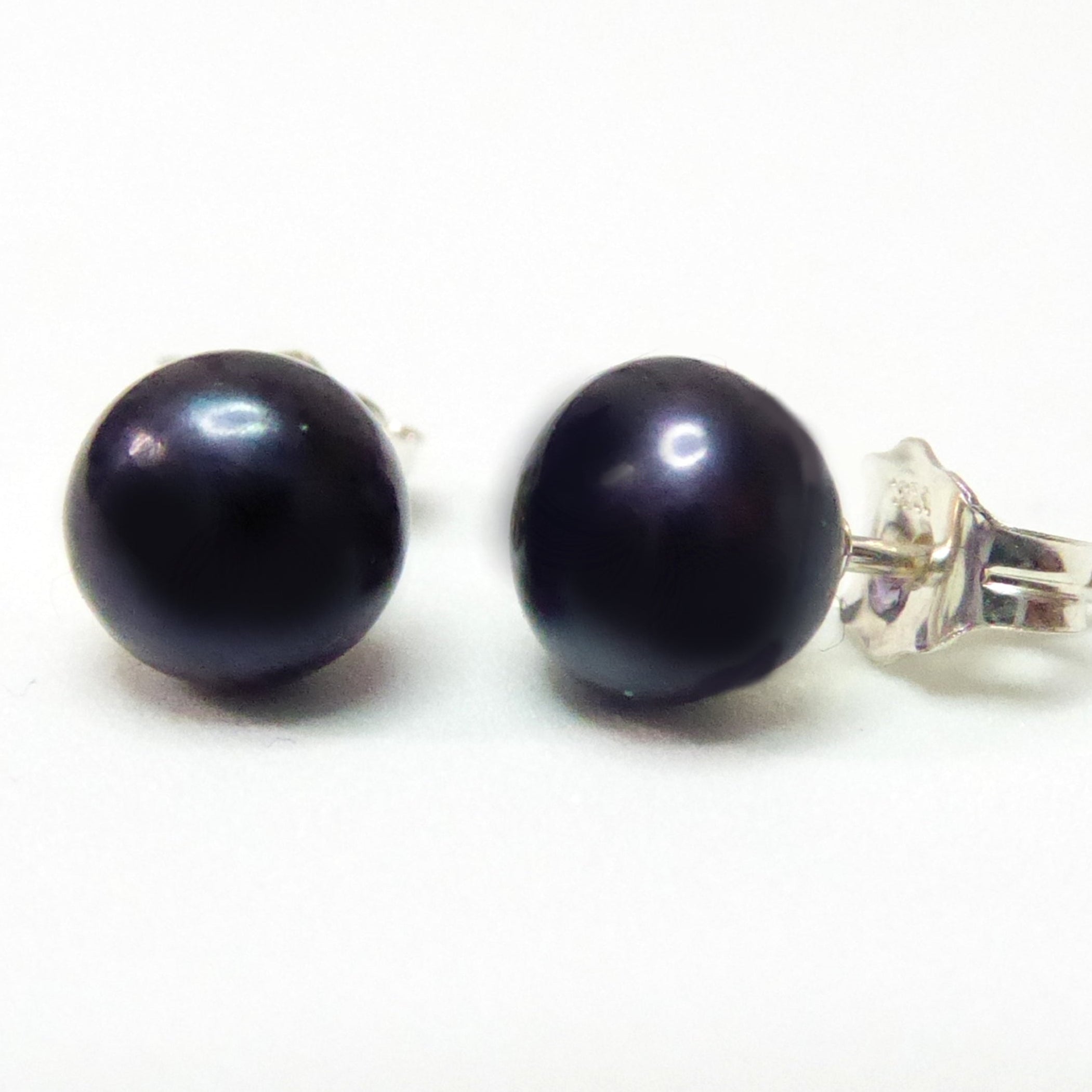 Black Dark Blue Freshwater Pearl Stud Earrings For Women - Sterling Silver