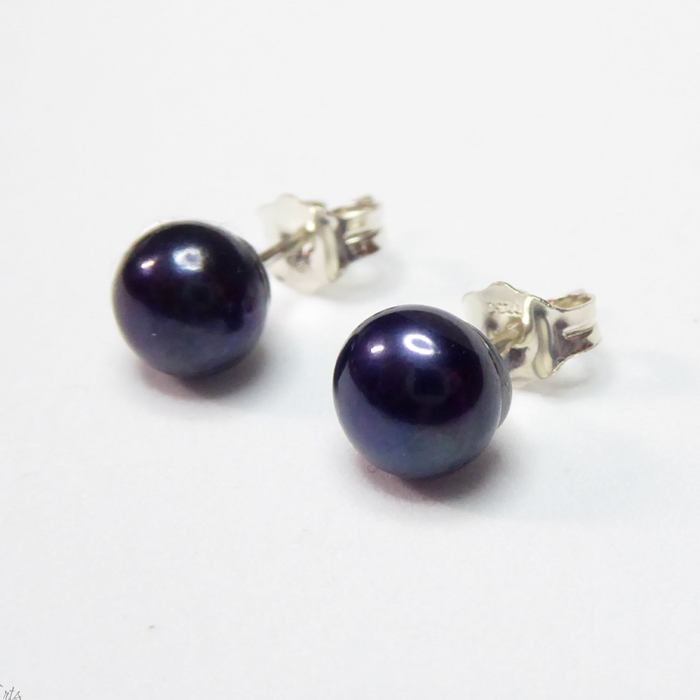 Black Dark Blue Freshwater Pearl Stud Earrings For Women - Sterling Silver