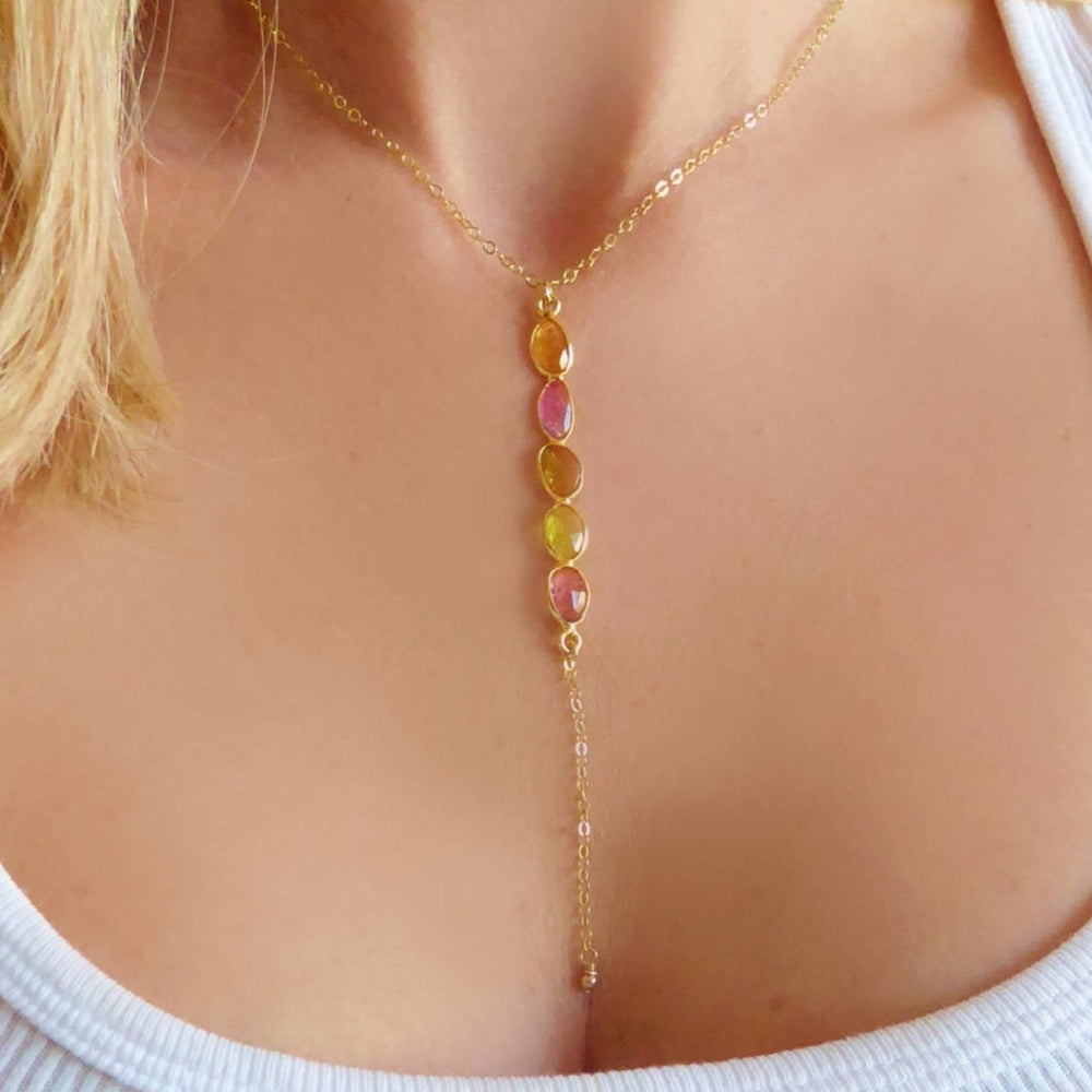 Tourmaline Lariat Necklace For Women With Mixed Colors