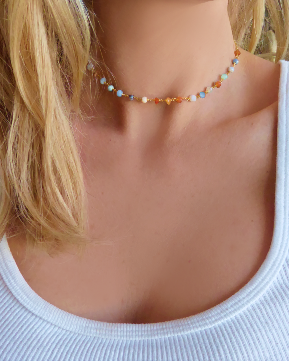Multi Color Peruvian Opal Gemstone Choker Necklace For Women