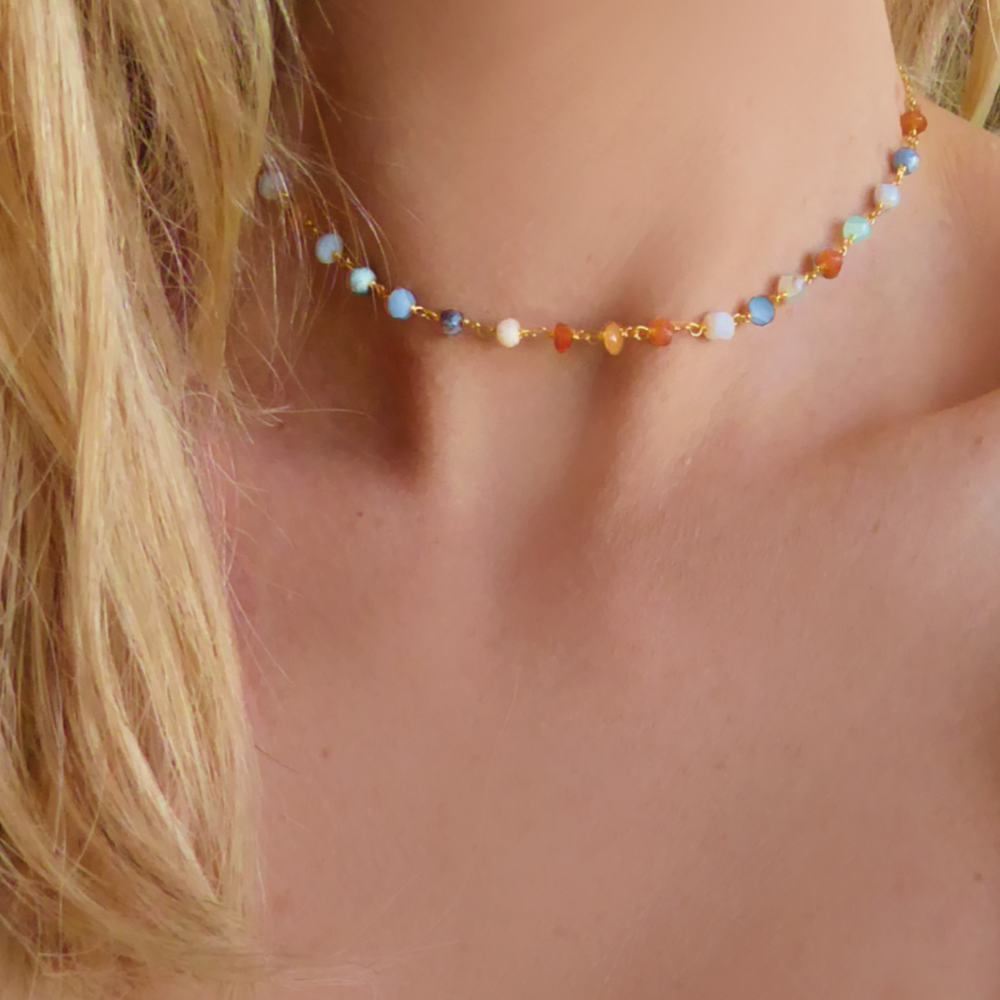 Multi Color Peruvian Opal Gemstone Choker Necklace For Women