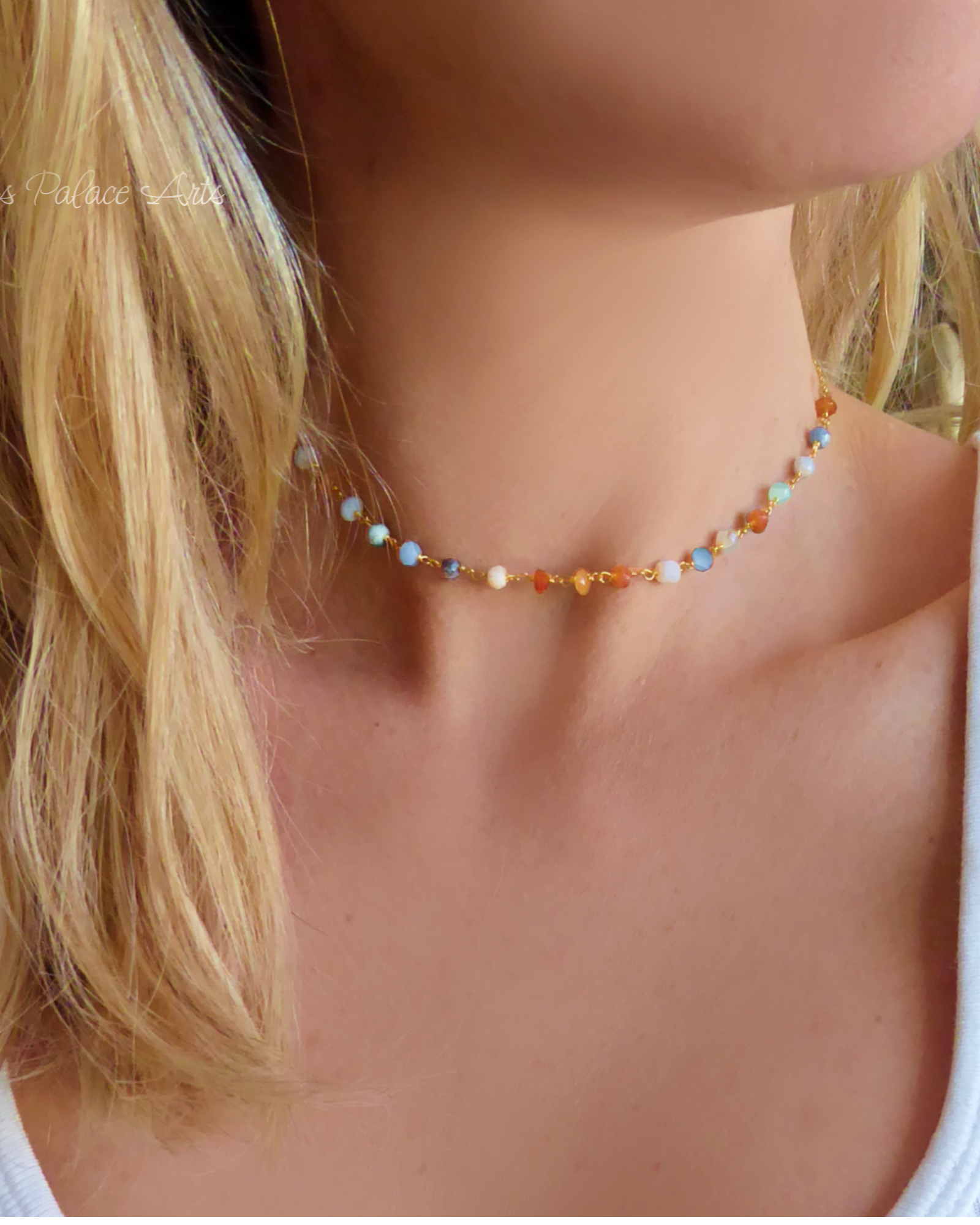 Multi Color Peruvian Opal Gemstone Choker Necklace For Women