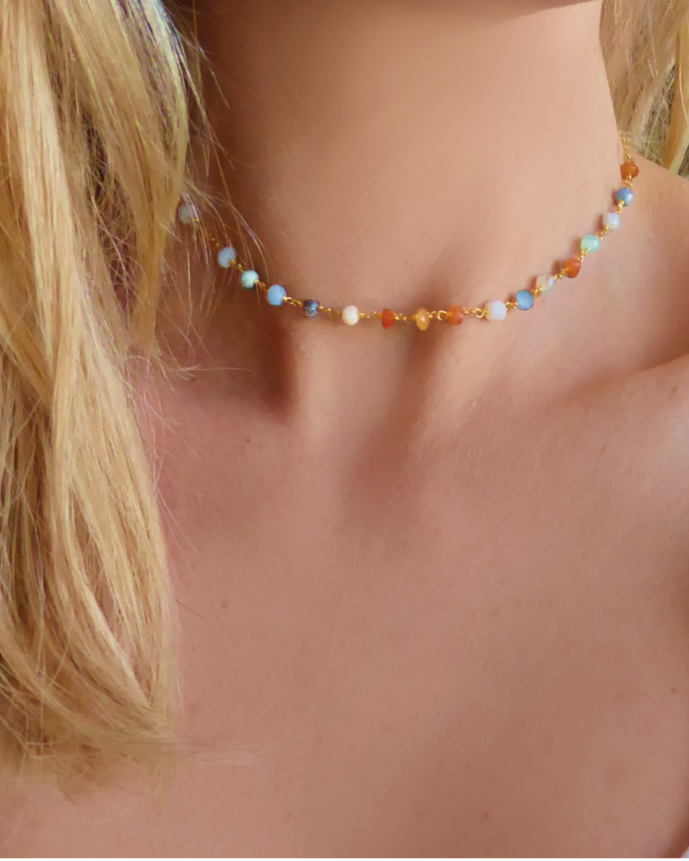 Multi Color Peruvian Opal Gemstone Choker Necklace For Women