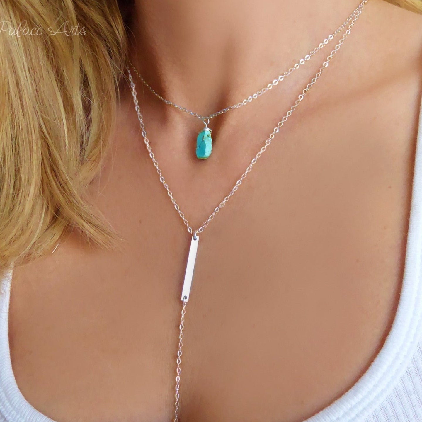 Raw Turquoise Layered Necklace For Women - Sterling Silver, 14k gold Fill or Rose Gold