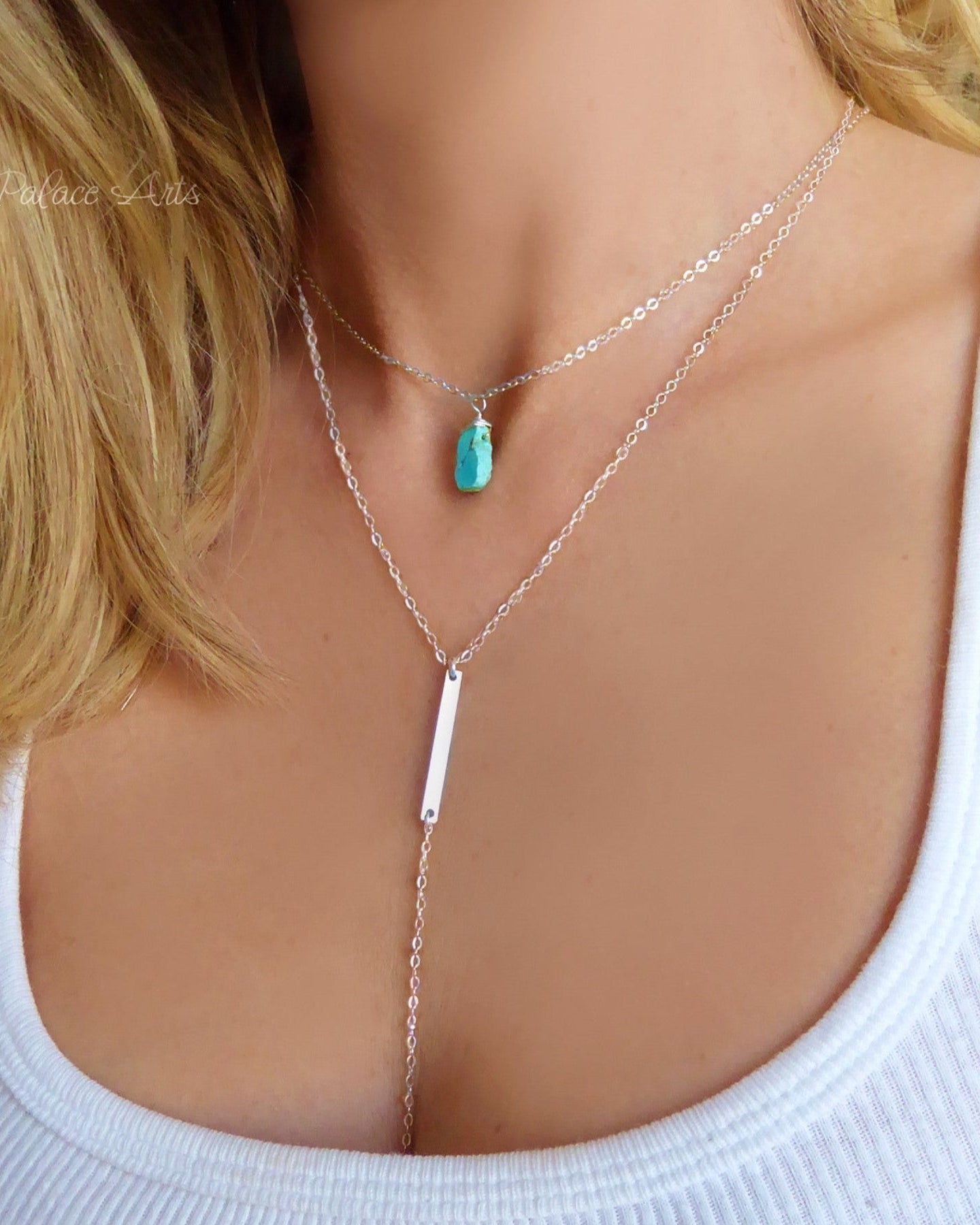 Raw Turquoise Layered Necklace For Women - Sterling Silver, 14k gold Fill or Rose Gold
