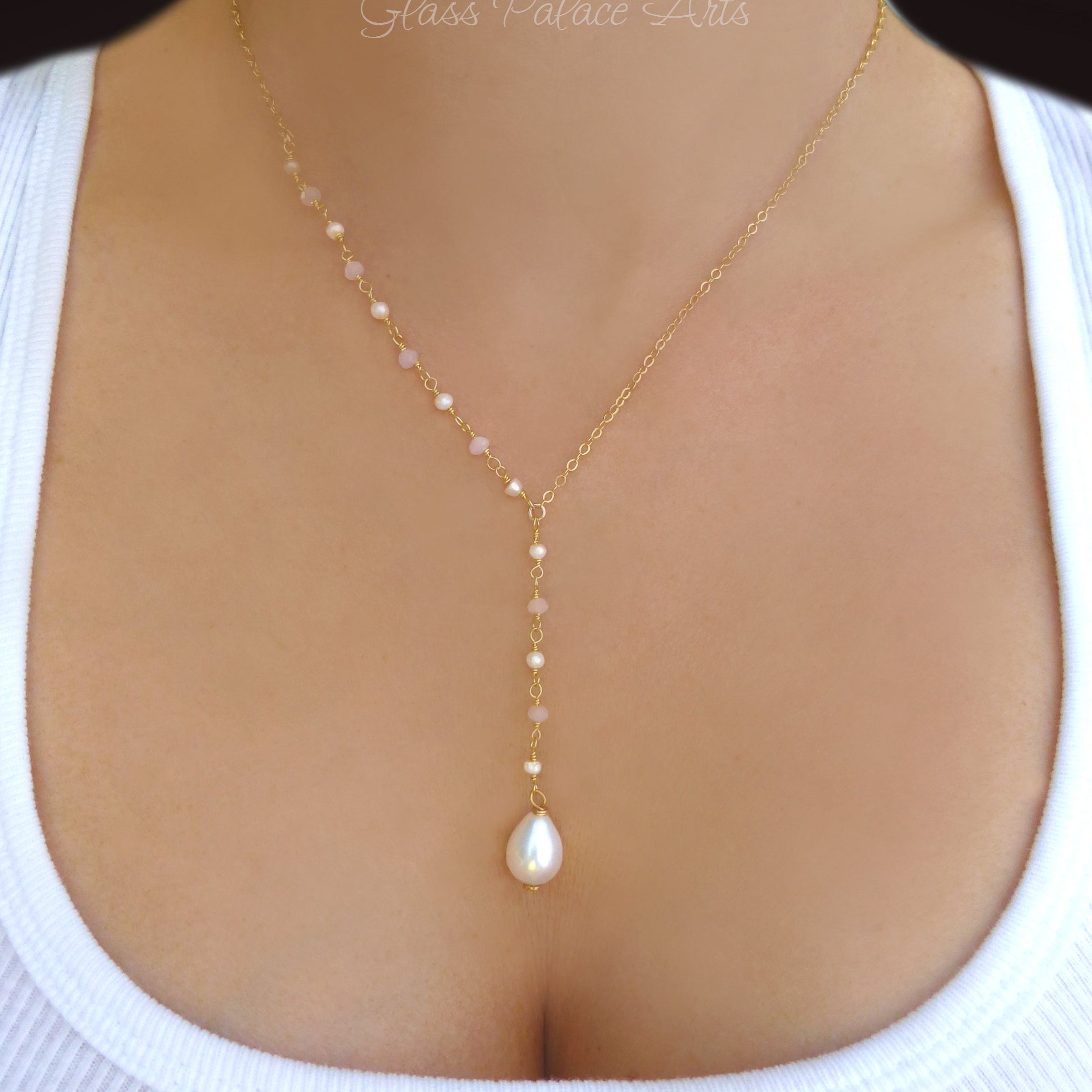 Freshwater Pearl Lariat Necklace For Women With Beaded Chain