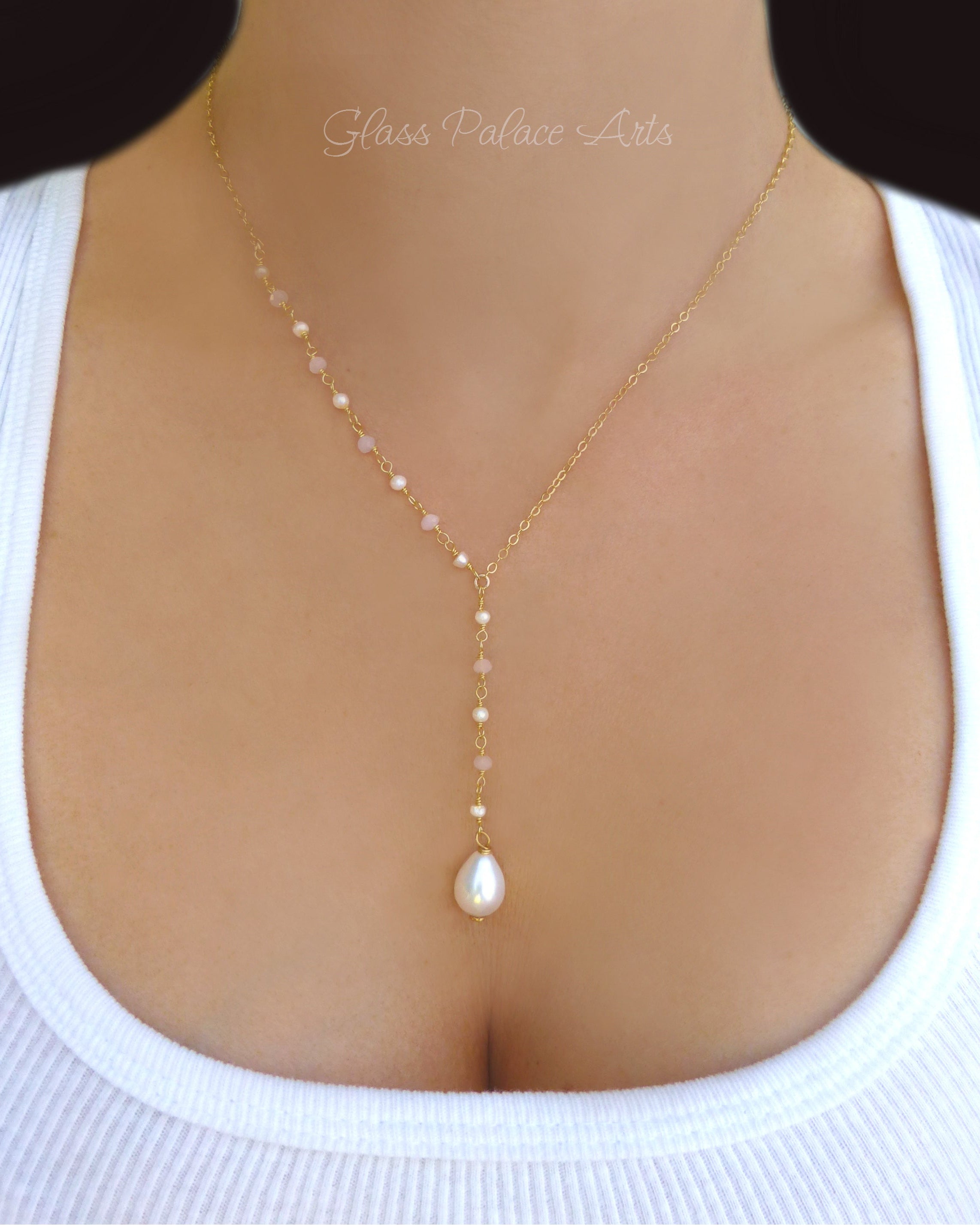 Freshwater Pearl Lariat Necklace For Women With Beaded Chain