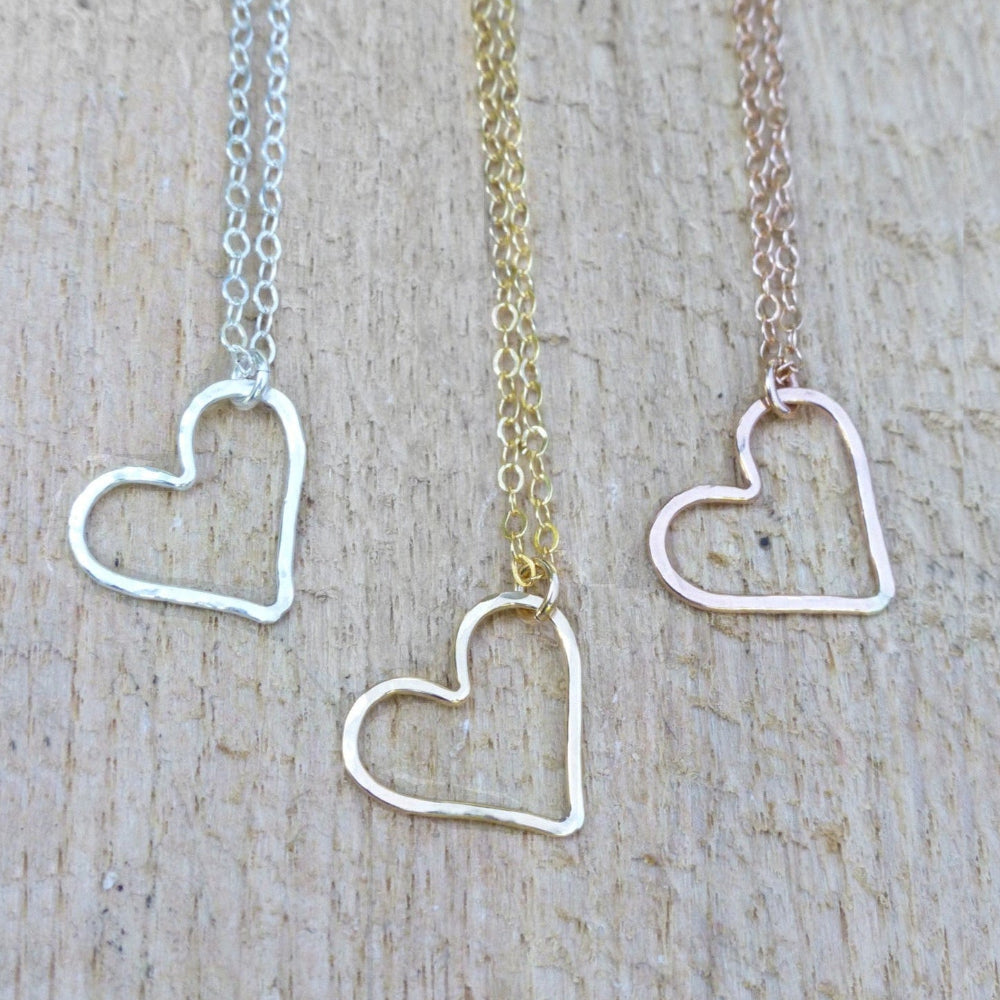Floating Hammered Open Heart Necklace - Sterling Silver, Gold or Rose Gold