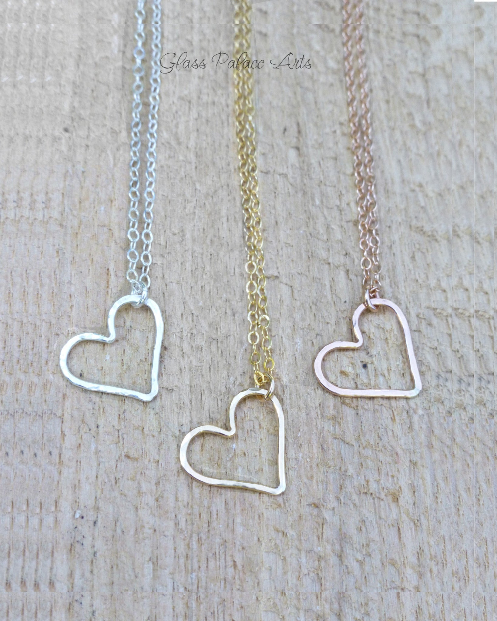 Floating Hammered Open Heart Necklace - Sterling Silver, Gold or Rose Gold