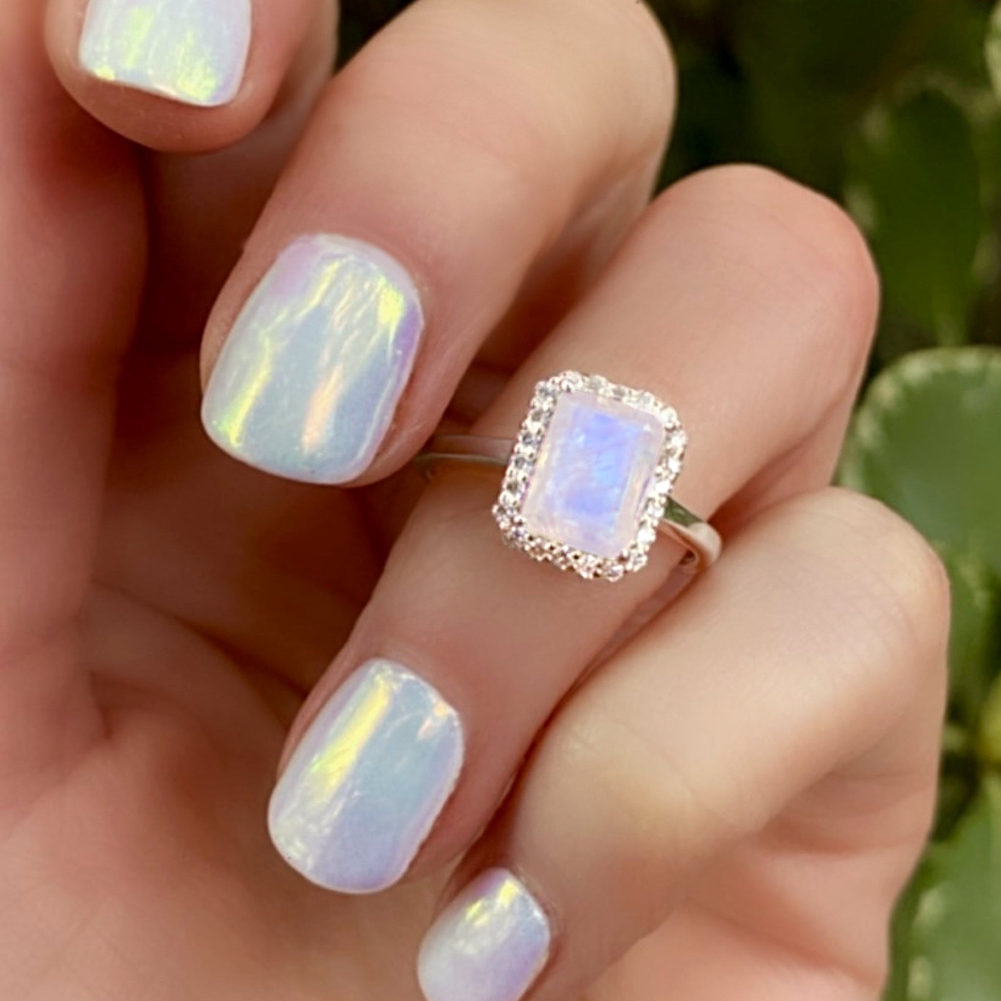 Moonstone And White Topaz Radiant Cut Engagement Ring - 925 Sterling Silver