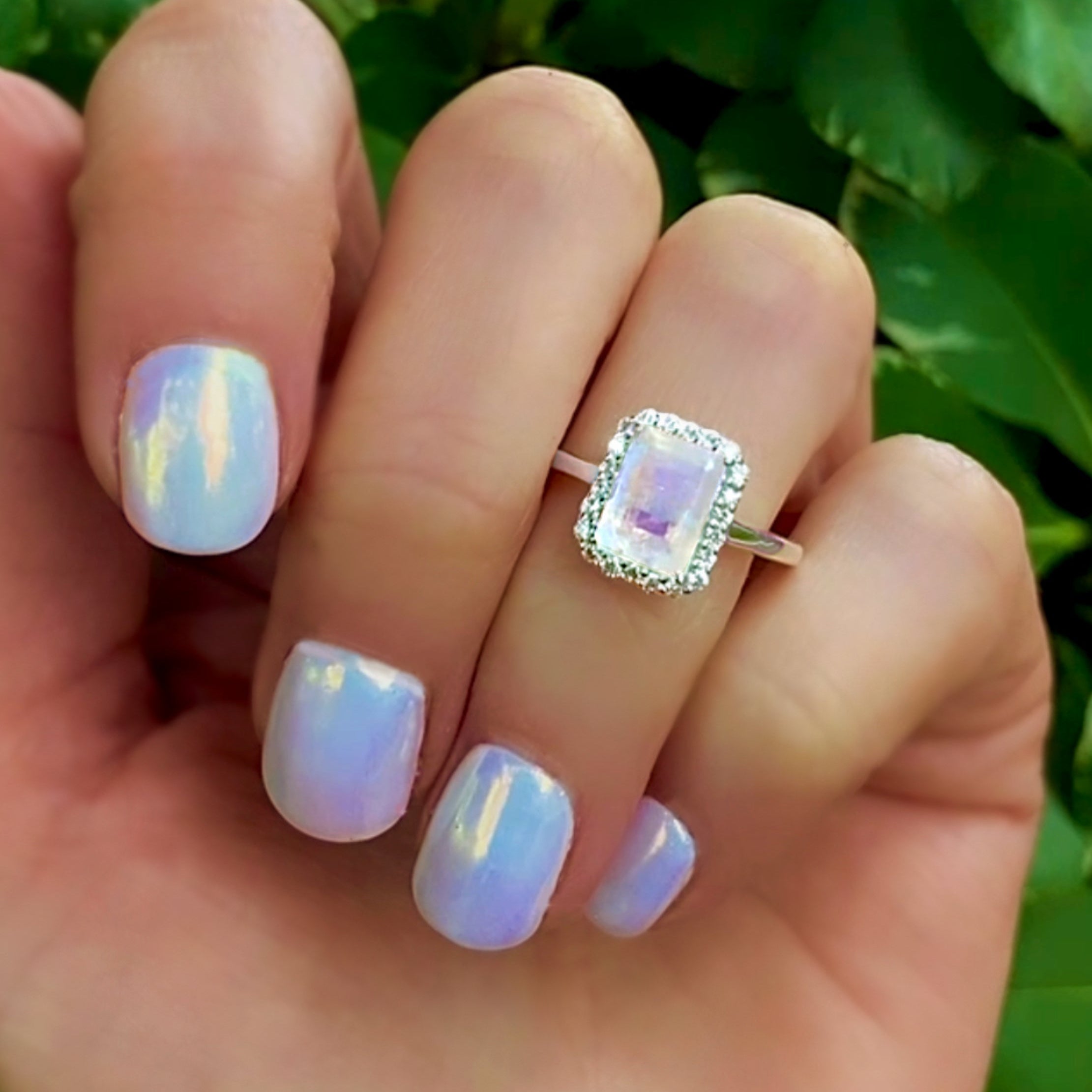 Moonstone And White Topaz Radiant Cut Engagement Ring - 925 Sterling Silver