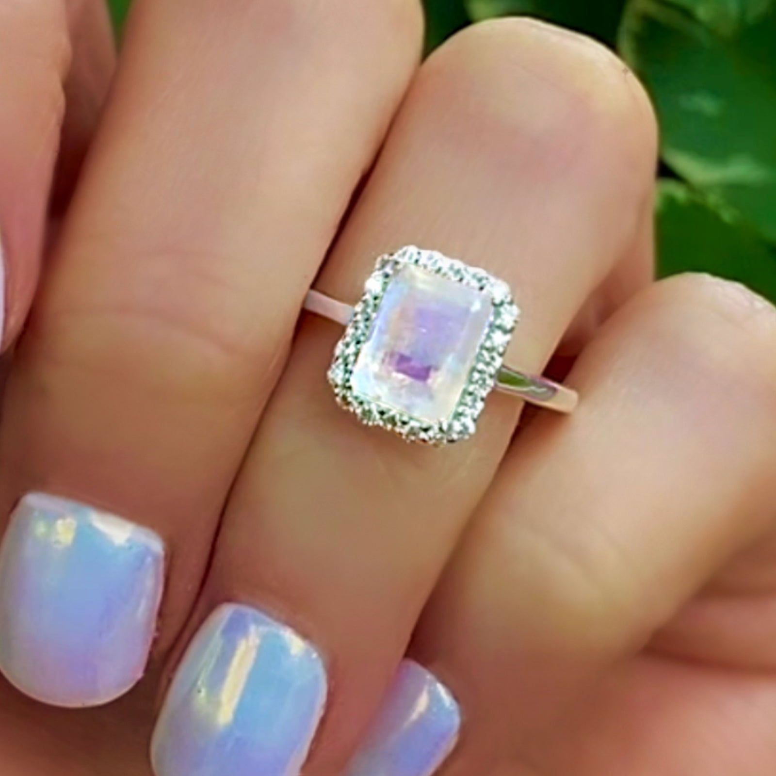 Moonstone And White Topaz Radiant Cut Engagement Ring - 925 Sterling Silver