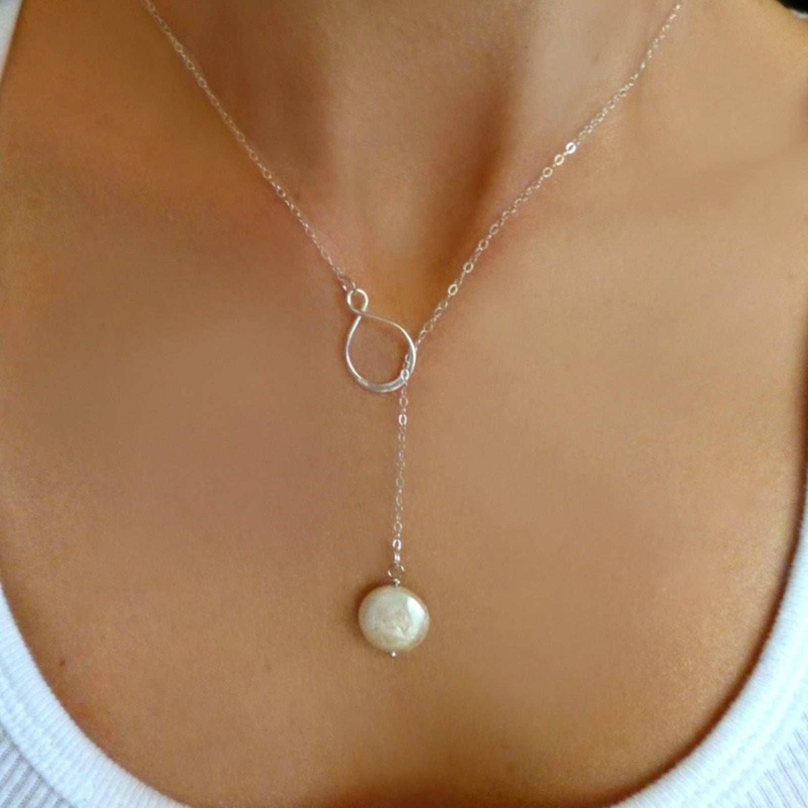 Infinity Pearl Lariat Necklace in Sterling Silver