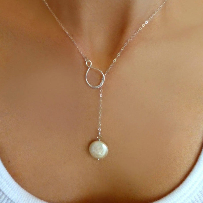 Infinity Pearl Lariat Necklace in Sterling Silver