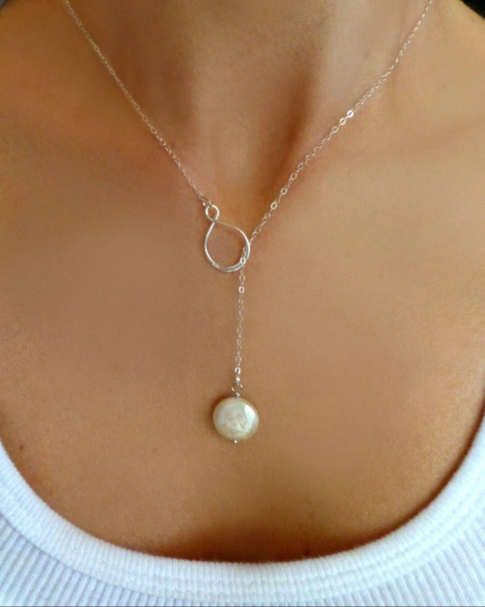 Infinity Pearl Lariat Necklace in Sterling Silver