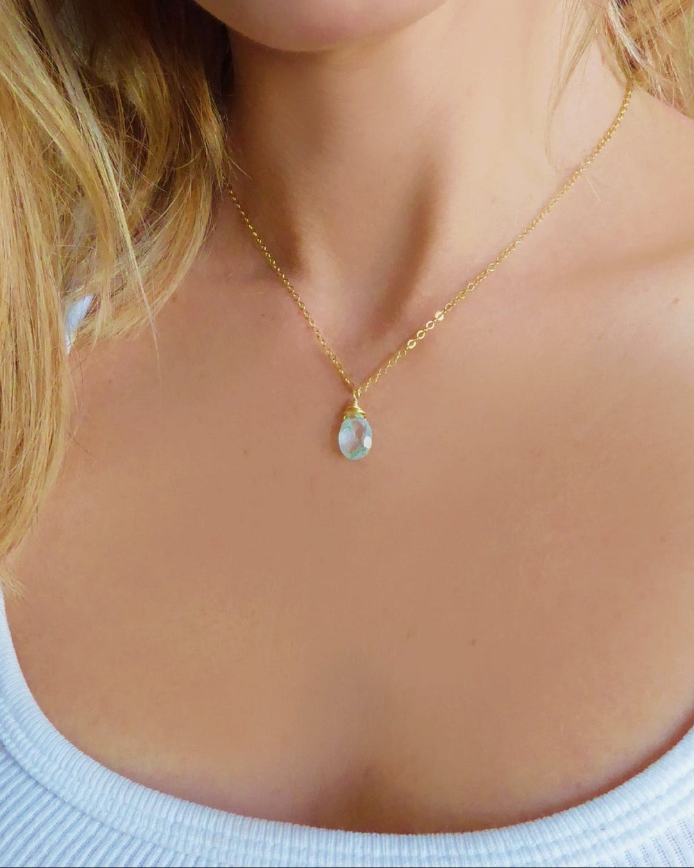 Genuine Aquamarine Teardrop Necklace ~ March Birthstone Gemstone Jewelry