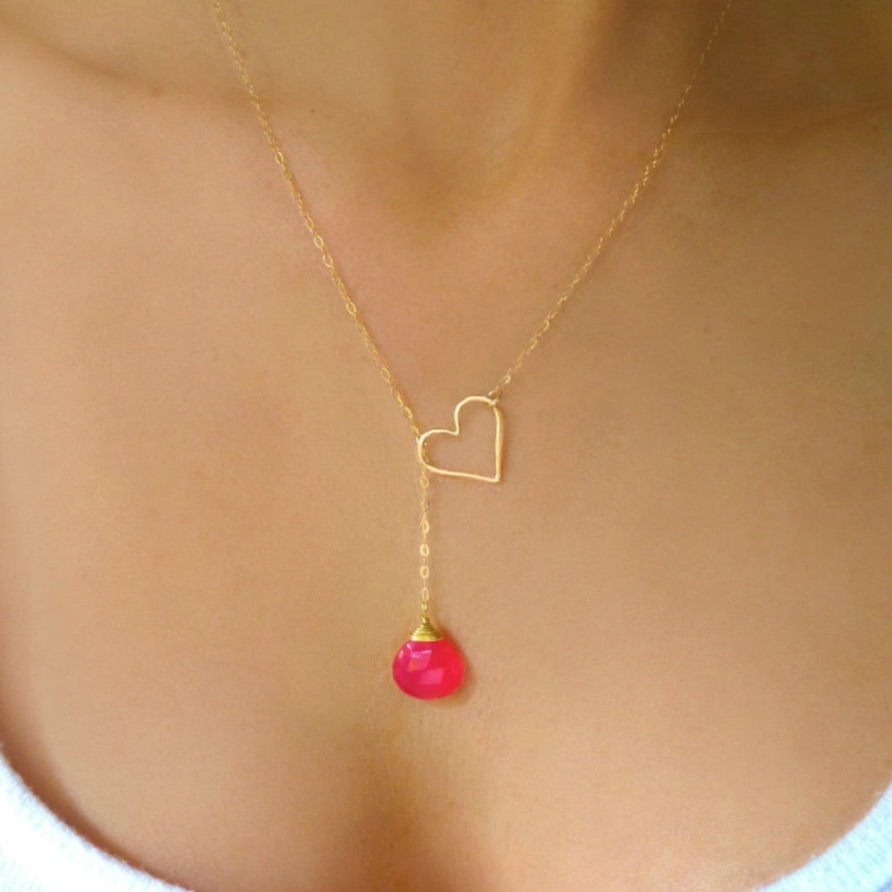 Heart Lariat Necklace With Hot Pink Chalcedony Gemstone - Clasp less Necklace