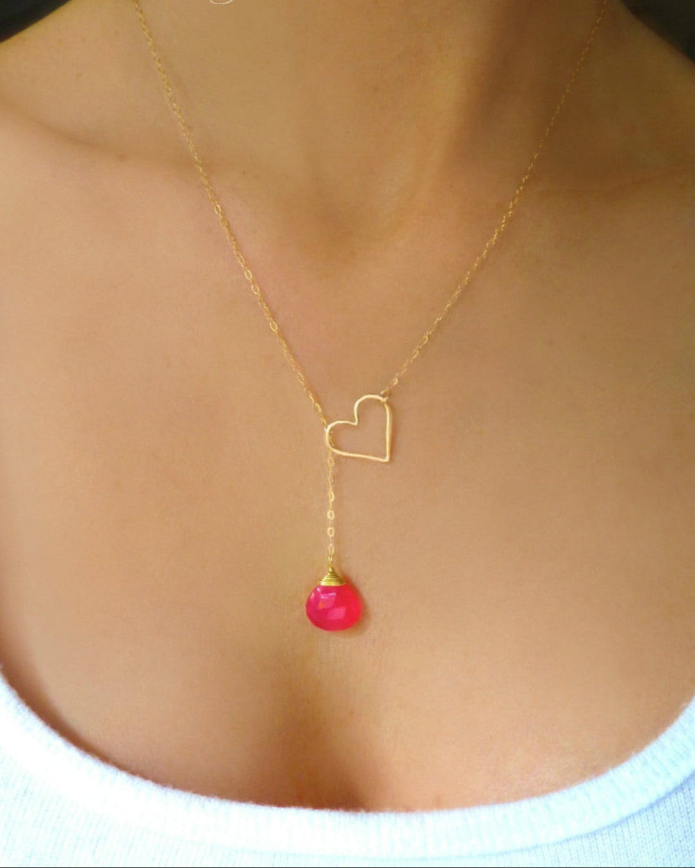 Heart Lariat Necklace With Hot Pink Chalcedony Gemstone - Clasp less Necklace