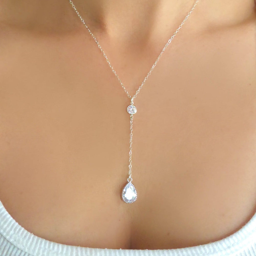 Cubic Zirconia Teardrop Necklace With Crystal Pendant