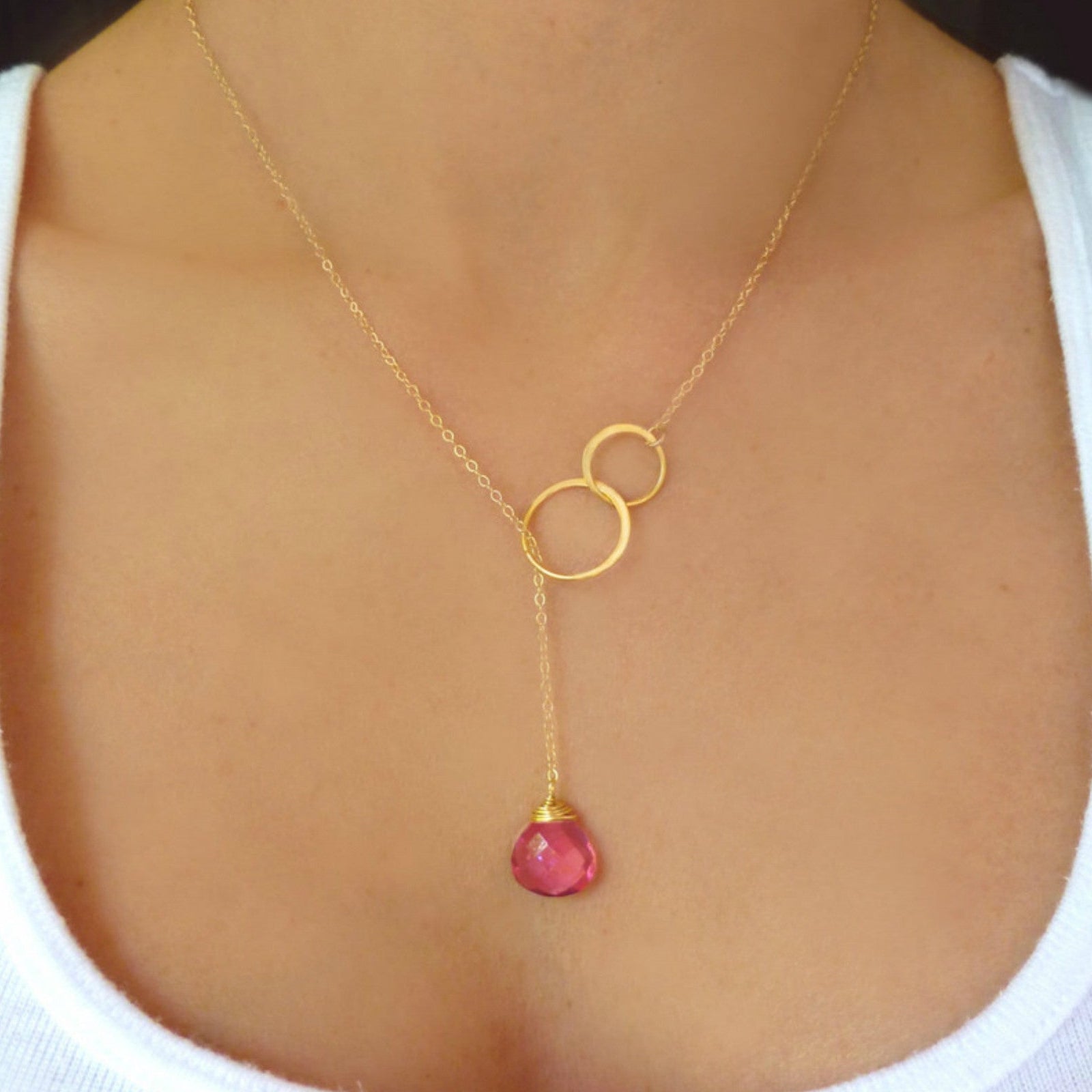 Pink Quartz Gemstone Teardrop Necklace With Circle Connector