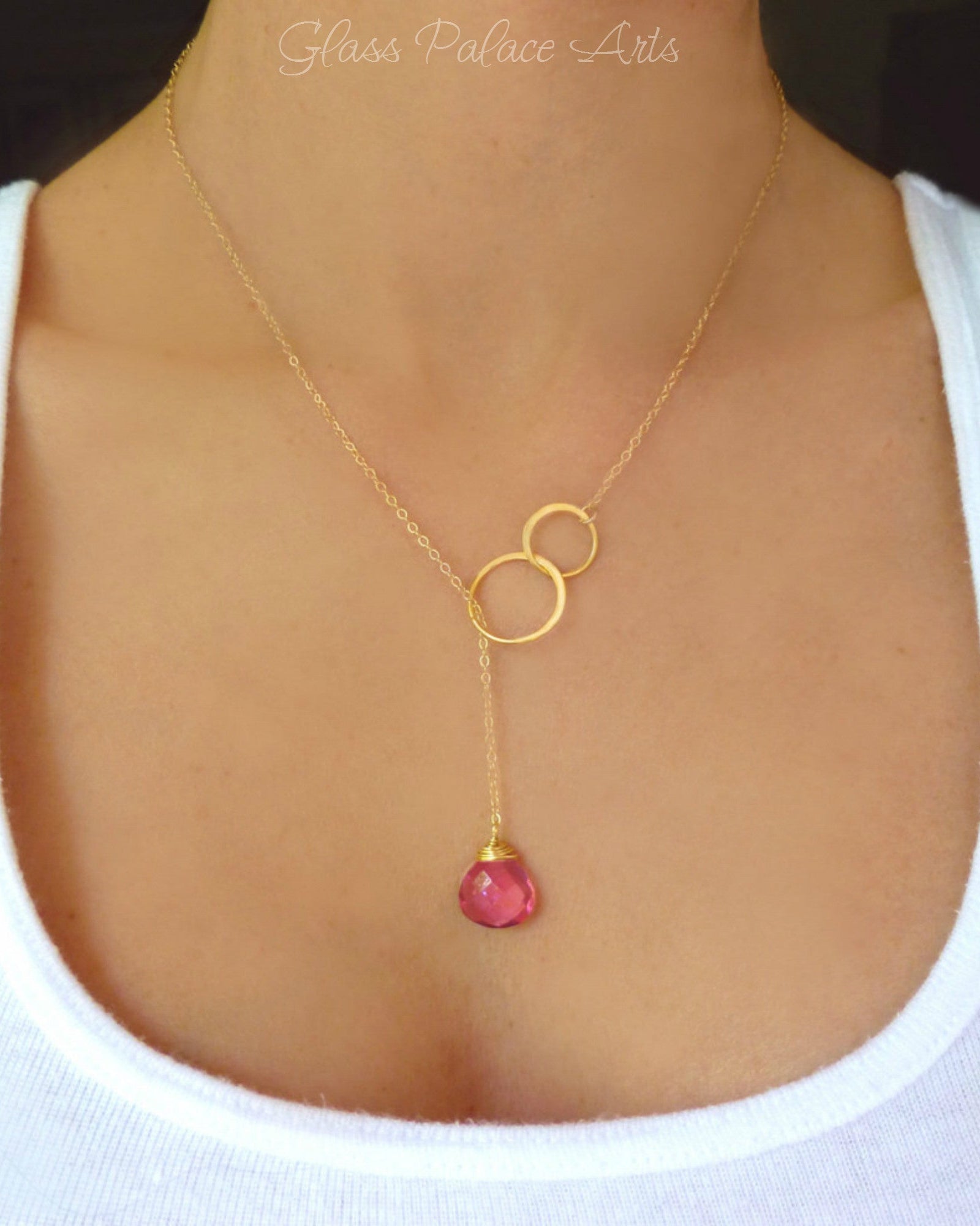 Pink Quartz Gemstone Teardrop Necklace With Circle Connector
