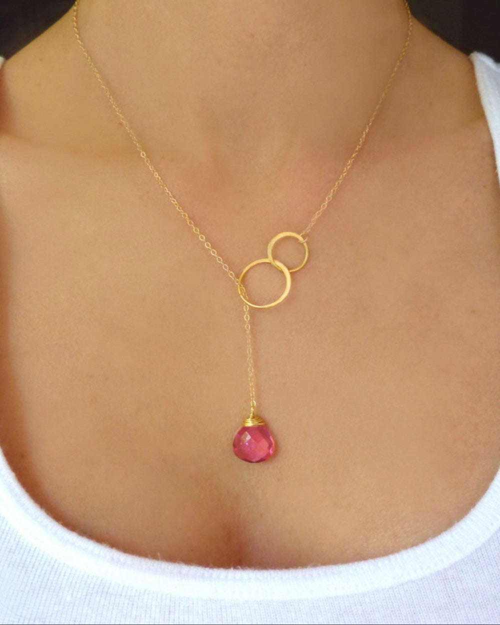 Pink Quartz Gemstone Teardrop Necklace With Circle Connector