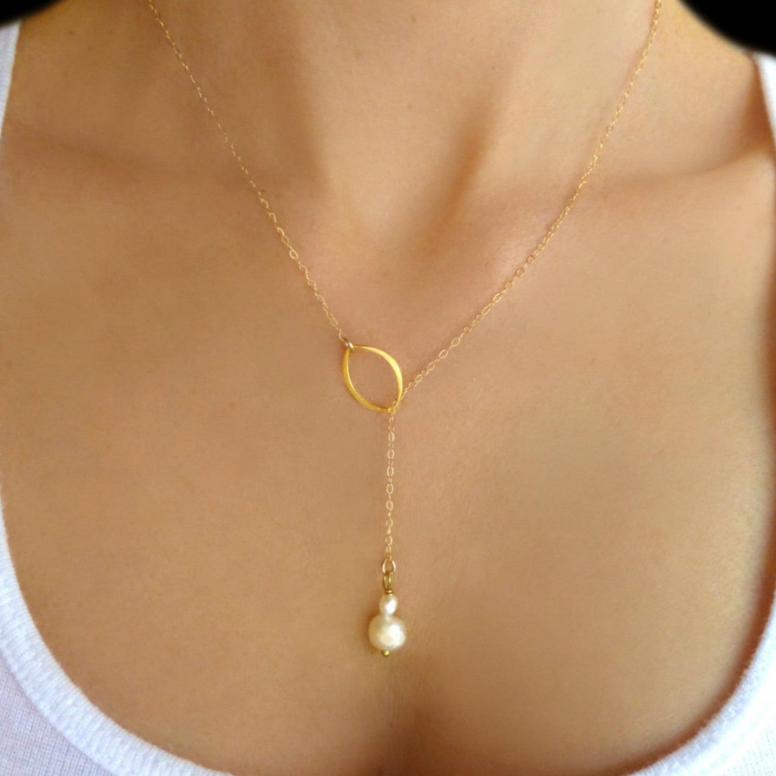 Dainty Freshwater Pearl Lariat Necklace With Marquise Pendant