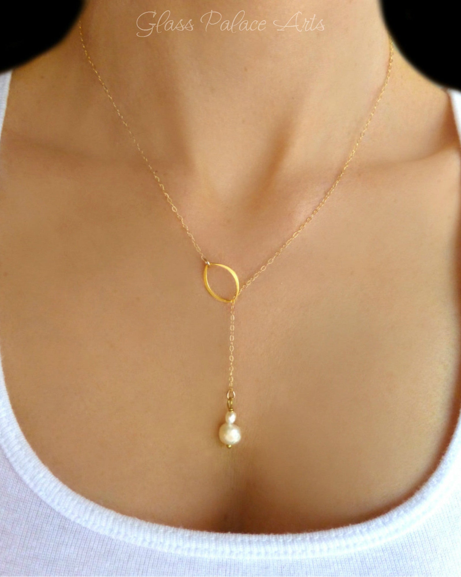 Dainty Freshwater Pearl Lariat Necklace With Marquise Pendant