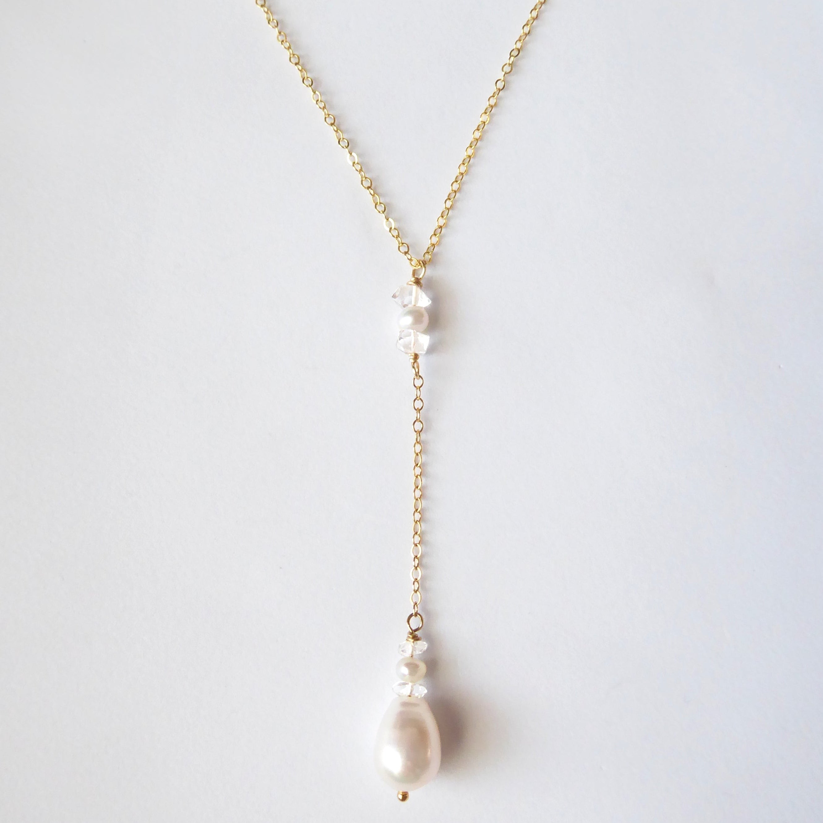 Freshwater Pearl And Herkimer Diamond Lariat Necklace