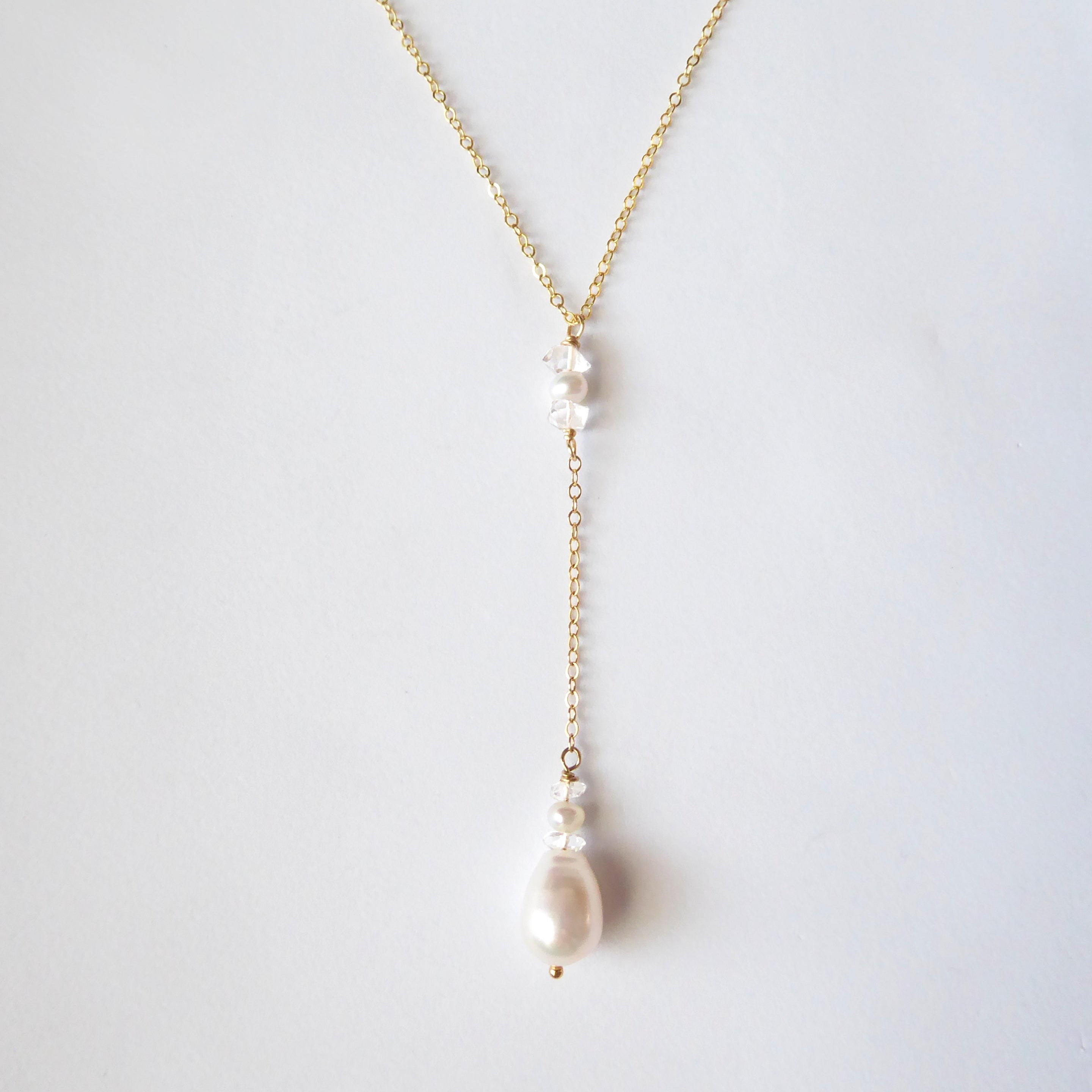 Freshwater Pearl And Herkimer Diamond Lariat Necklace