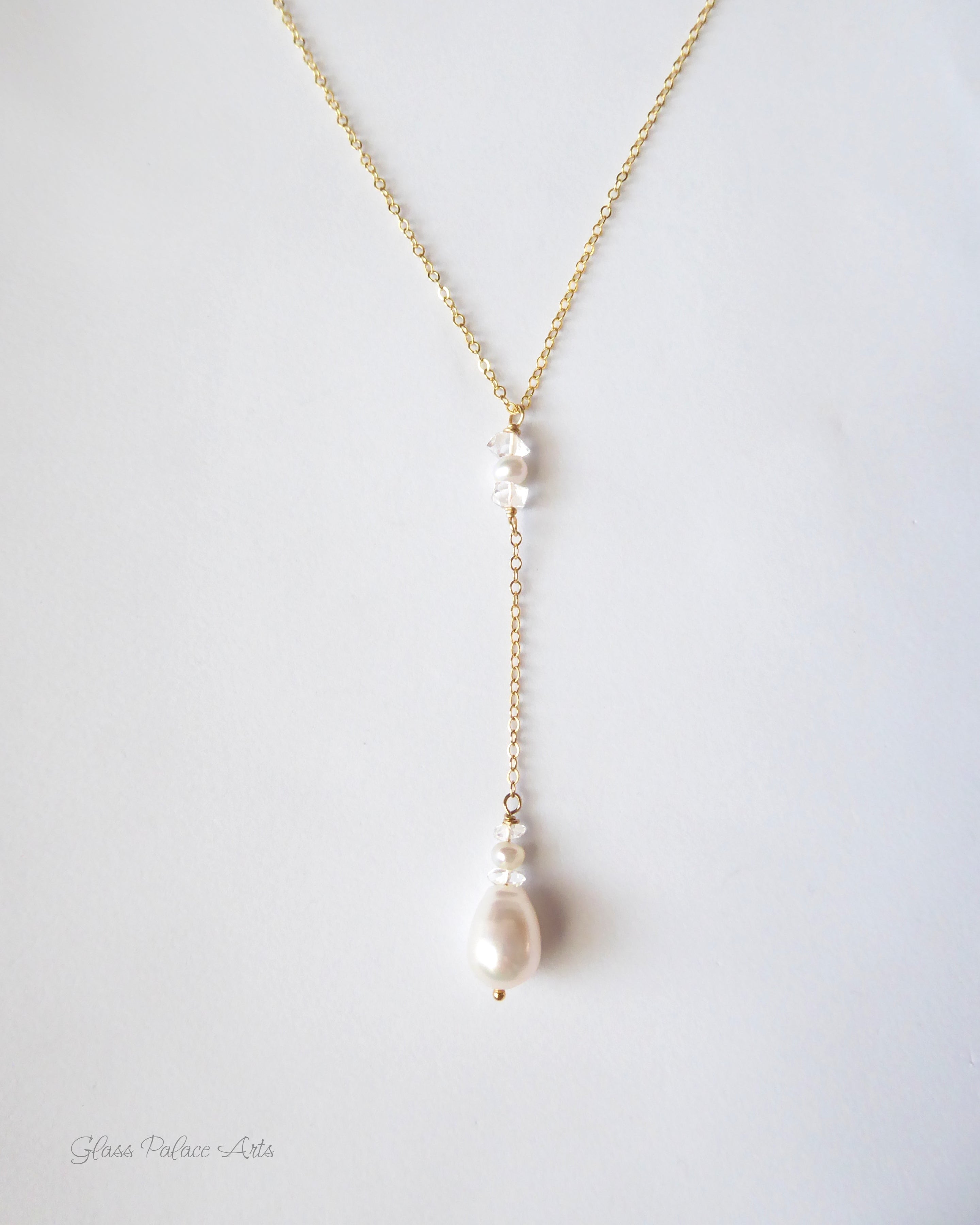 Freshwater Pearl And Herkimer Diamond Lariat Necklace