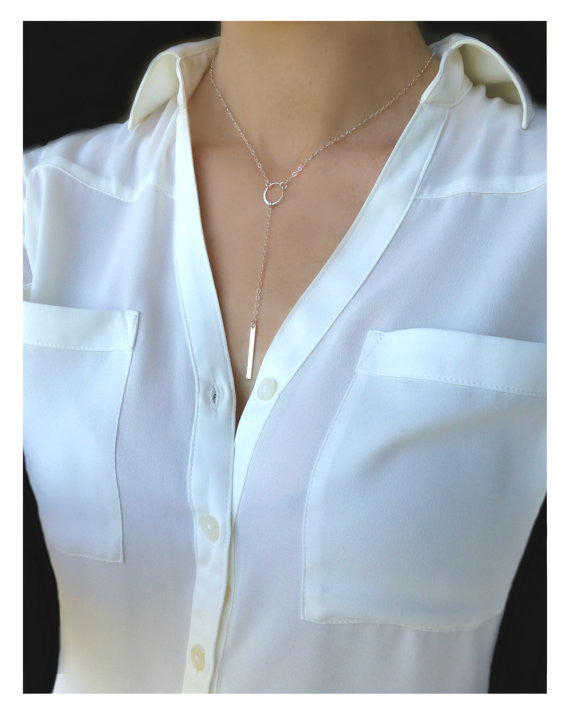 Long Bar Y Lariat Necklace For Women - Sterling Silver or 14k Gold Fill