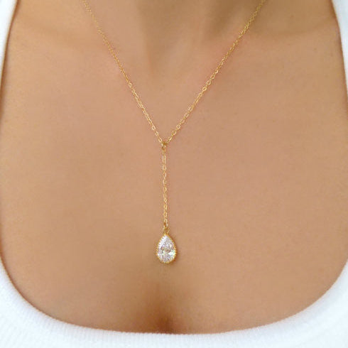 Cubic Zirconia Crystal Teardrop Pendant Y Necklace For Women