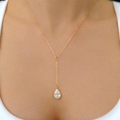 Cubic Zirconia Crystal Teardrop Pendant Y Necklace For Women