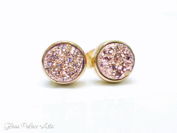 Round Rose Gold Druzy Stud Earrings 8mm - Made With Dainty Sparkly Real Gemstones