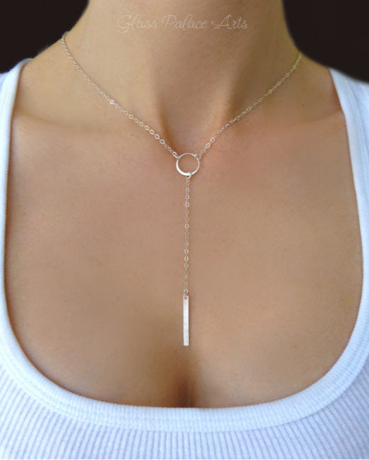 Long Bar Y Lariat Necklace For Women - Sterling Silver or 14k Gold Fill
