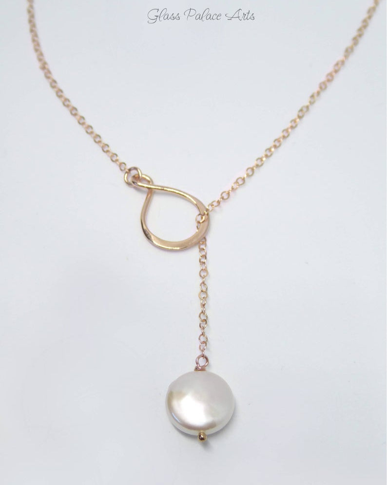 Infinity Pearl Lariat Necklace in Rose Gold