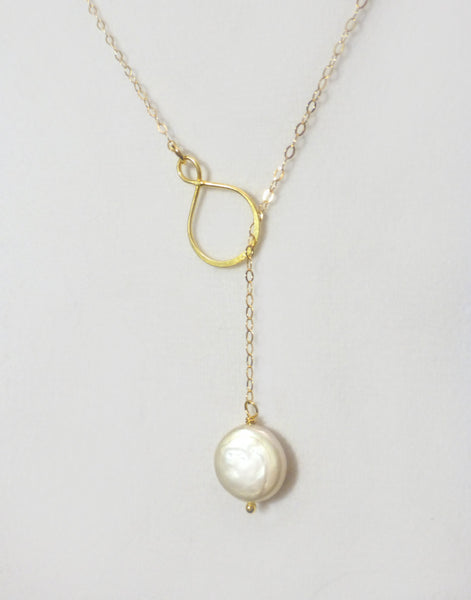 Infinity Pearl Lariat Necklace in Gold, Rose Gold, or Sterling Silver