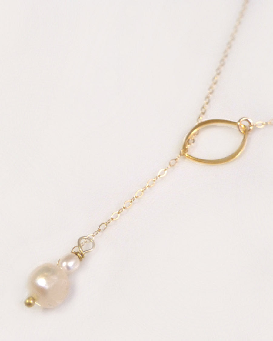 Dainty Freshwater Pearl Lariat Necklace With Marquise Pendant