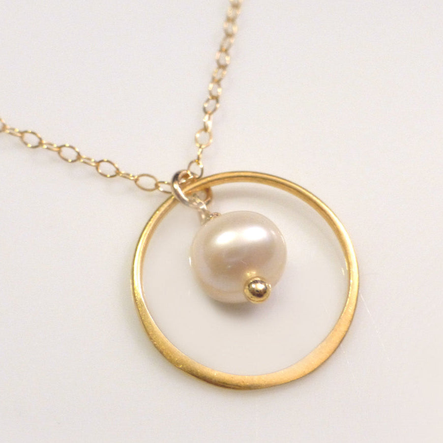 Gold Circle Necklace With Freshwater Pearl Pendant