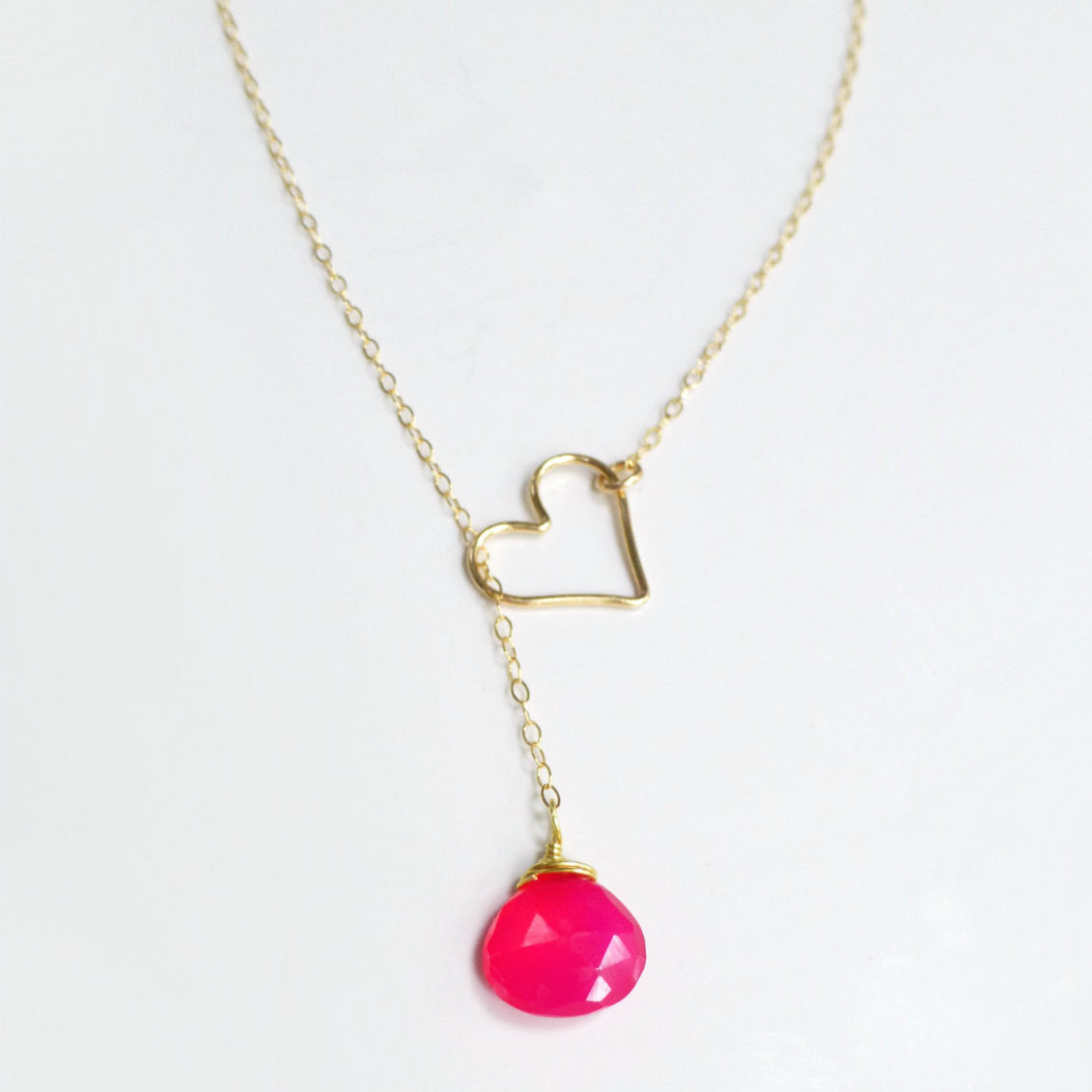 Heart Lariat Necklace With Hot Pink Chalcedony Gemstone - Clasp less Necklace
