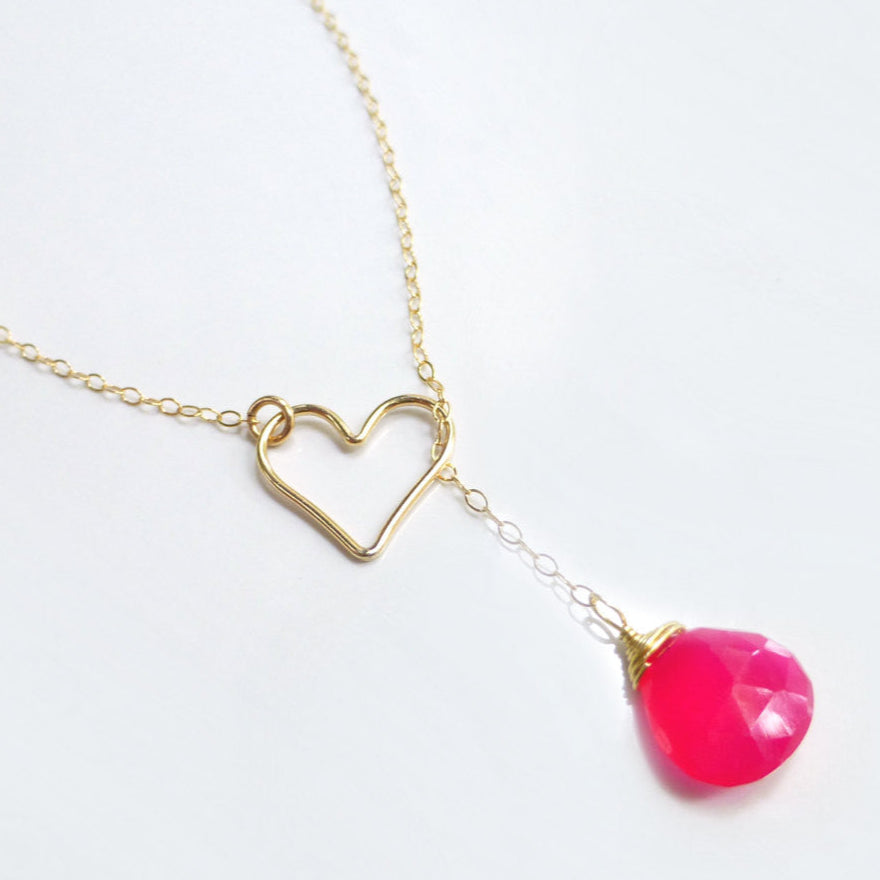 Heart Lariat Necklace With Hot Pink Chalcedony Gemstone - Clasp less Necklace